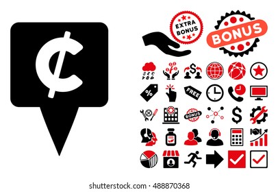 Cent Map Pointer pictograph with bonus icon set. Vector illustration style is flat iconic bicolor symbols, intensive red and black colors, white background.