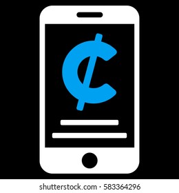 Cent Mobile Payment vector icon. Illustration style is a flat iconic bicolor blue and white symbol on black background.