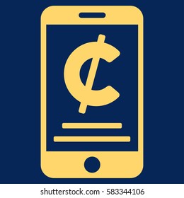 Cent Mobile Payment vector pictograph. Illustration style is a flat iconic yellow symbol on blue background.