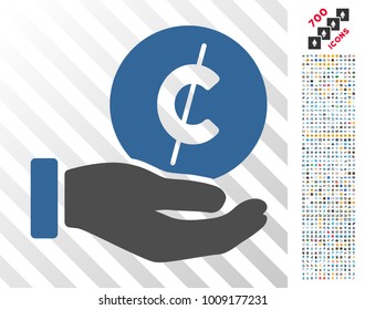 Cent Payment Hand icon with 700 bonus bitcoin mining and blockchain pictograms. Vector illustration style is flat iconic symbols designed for bitcoin websites.