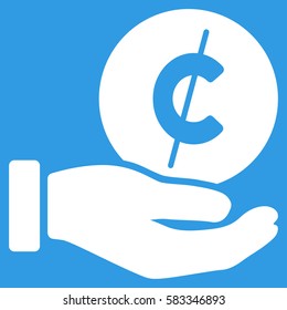 Cent Payment Hand vector pictogram. Illustration style is a flat iconic white symbol on blue background.
