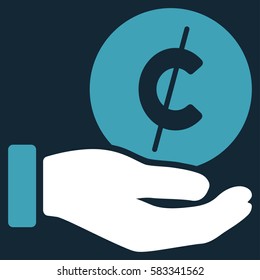 Cent Payment Hand vector pictograph. Illustration style is a flat iconic bicolor blue and white symbol on dark blue background.