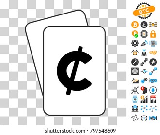 Cent playing cards icon with bonus bitcoin mining and blockchain pictures. Flat vector icons for crypto currency apps.