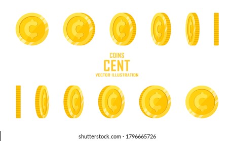 Cent sign golden coins isolated on white background. Set of flat icon design of spinning or rotating coin with symbol at different angles for motion, animation or game. Vector illustration.