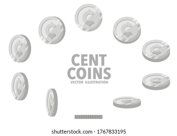 Cent sign silver coins isolated on white background. Set of flat icon design of spin coins with symbol at different angles.