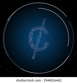 The cent symbol filled with white dots. Pointillism style. Some dots is red. Vector illustration on blue background with stars