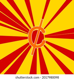 Cent symbol on a background of red flash explosion radial lines. The large orange symbol is located in the center of the sun, symbolizing the sunrise. Vector illustration on yellow background