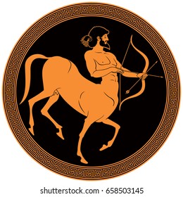 Centaur archer hunting, half horse half man character of Ancient Greek mythology shooting a bow and arrows, Sagittarius astrological sign illustration in Ancient Greece red figure vase painting style 