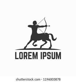 Centaur Archer Logo.  a mythological creature with the upper body of a human  holding a bow and arrow and the lower body and legs of a horse.