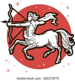 Centaur with bow and arrow. Zodiac sign - Sagittarius. Vector illustration. Black and white image, red circle