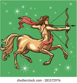 Centaur with bow and arrow. Zodiac sign - Sagittarius. Vector illustration.Colored. Green background