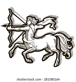 Centaur with bow and arrow. Zodiac sign - Sagittarius. Vector illustration. Black lines, gray shadow, white background.