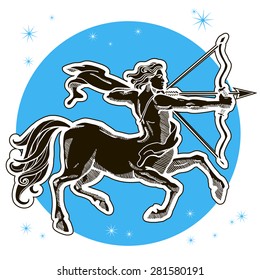 Centaur with bow and arrow. Zodiac sign - Sagittarius. Vector illustration. Black and white image, blue circle.