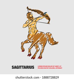 Centaur with a bow, front view. Vector outline Sagittarius zodiac illustration with scribble doodles style drawing.