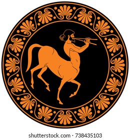 Centaur, half horse half human mythological creature, plays music on an aulos, Ancient Greek wind music instrument, red-figure vase painting style vector illustration 