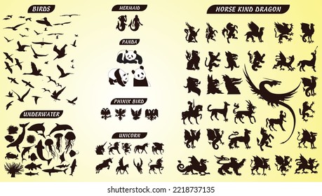 Centaur, Horse, Phinix, Mermied, Unicorn, Dragon, Eagle icons in different avata designs 