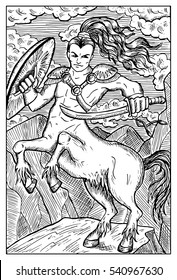 Centaur. Human warrior with horse body. Fantasy magic creatures collection. Hand drawn vector illustration. Engraved line art drawing, graphic mythical doodle. Template for card game, poster