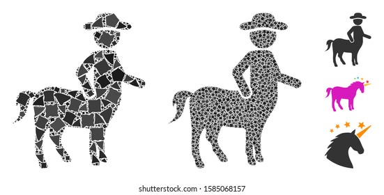 Centaur icon composition of uneven items in various sizes and color hues, based on centaur icon. Vector tuberous parts are united into composition. Centaur icons collage with dotted pattern.