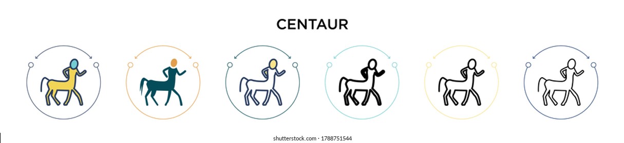 Icono Centaur en el estilo relleno, delgado, contorno y trazo. Ilustración vectorial de dos diseños de iconos vectoriales de centaurio de color y negro se pueden utilizar para móviles, ui, web