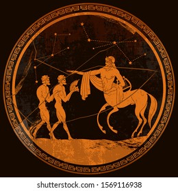 Centaur and people. Meander circle style. Red figure techniques. Ancient Greece. Mythology and legends. Greek vase painting 