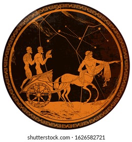 Centaur and people. Red figure techniques. Ancient Greece. Mythology and legends. Greek vase painting. Meander circle style 