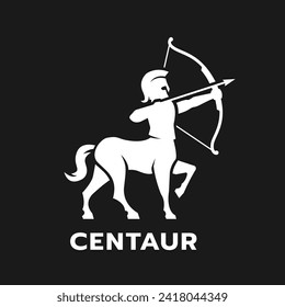 Centaur dispara un logo de arco. Ilustración vectorial.