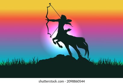 Centaur silhouette on rainbow landscape background illustration. Vector graphic eps 10.