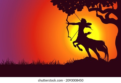 Centaur silhouette. Zodiac sign and symbol on sunset landscape background illustration for banner, wallpaper, background. Vector graphic eps 10.