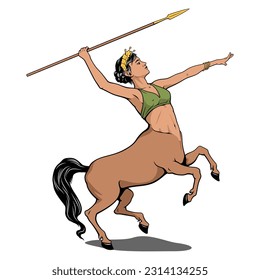 Mujer Centaur con lanza. Vector de clipart aislado en blanco.