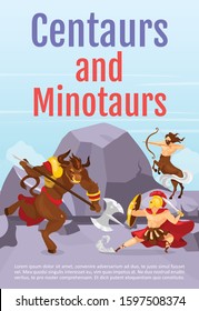 Centaurs and minotaurs brochure template. Greek mythology creatures. Flyer, booklet, leaflet concept with flat illustration. Vector page cartoon layout for magazine. Invitation with text space