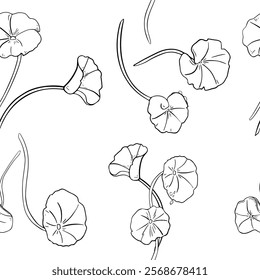 Centella asiatica in botanical style black white vector seamless pattern. Geranium hand drawn. Pennywort on monochrome repeat texture. Gotu kola greenery endless background for package, textile.