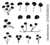 Centella asiatica complete assorted set of various leaves, stems, and roots, monochrome silhouette vector illustration