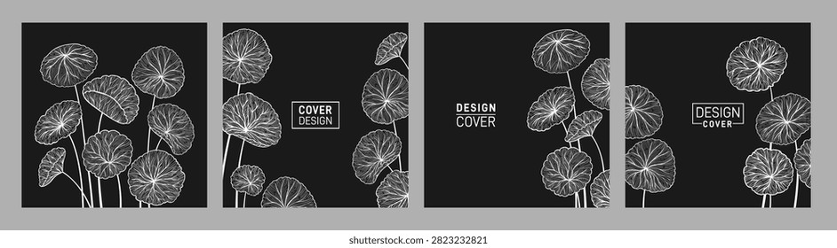 Centella asiatica leaves cover or square card design set. Gotu kola Asiatic pennywort herb exotic pattern page flyer notebook planner. Brochure social media catalog. Decorative natural page background