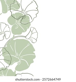 Centella asiatica silhouette in soft green tones on botanical vector seamless border. Gotu kola contour, Pennywort rounded leaves on repeated vertical texture hand drawn for label skincare, wellness.