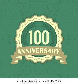 Centennial vector label on a green ornament background. One-hundred anniversary.