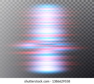 In the center of a bright flash. A multicolored glowing light explodes on a transparent background. Transparent shining stripes. Vector sparkles.