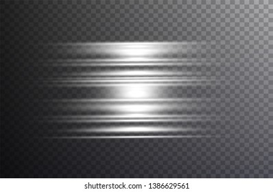 In the center of a bright flash. A multicolored glowing light explodes on a transparent background. Transparent shining stripes. Vector sparkles.