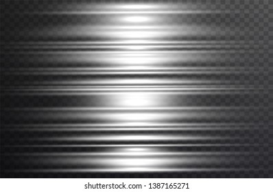 In the center of a bright flash. A multicolored glowing light explodes on a transparent background. Transparent shining stripes. Vector sparkles.