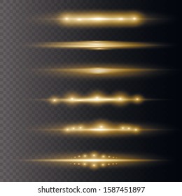 To center a bright flash. Transparent shining sun, bright flash. Vector sparkles. Bright Star. Yellow glowing light explodes on a transparent background. Sparkling magical dust particles. 