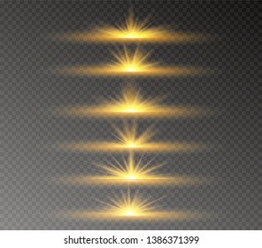 To center a bright flash. Yellow glowing light explodes on a transparent background. Sparkling magical dust particles. Bright Star. Transparent shining sun, bright flash. Vector sparkles.