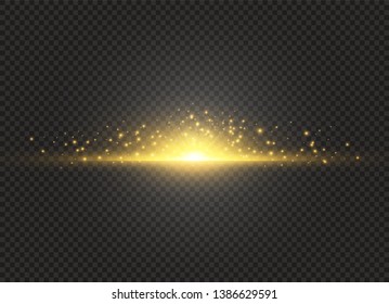 To center a bright flash. Yellow glowing light explodes on a transparent background. Sparkling magical dust particles. Bright Star. Transparent shining sun, bright flash. Vector sparkles.