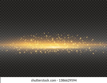 To center a bright flash. Yellow glowing light explodes on a transparent background. Sparkling magical dust particles. Bright Star. Transparent shining sun, bright flash. Vector sparkles.