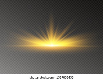 To center a bright flash. Yellow glowing light explodes on a transparent background. Sparkling magical dust particles. Bright Star. Transparent shining sun, bright flash. Vector sparkles.