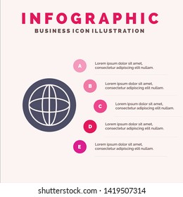Center, Communication, Global, Help, Support Solid Icon Infographics 5 Steps Presentation Background