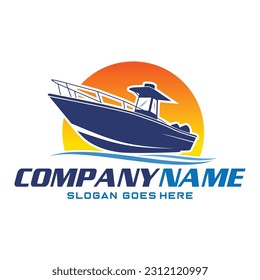 Center Console Boat logo. Unique and fresh Center console boat with Water splash in it. Great to use as your boat company logo