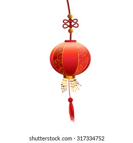 In the center hangs a red Chinese lantern with gold ornament.