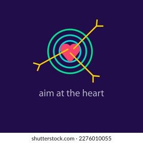 Center of heart with arrow handle. aim at your heart logo. Creative heart target. vector