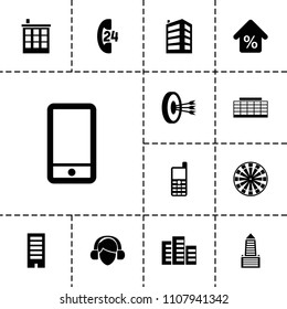 Center icon. collection of 13 center filled icons such as building, phone, mortgage, arrows in target, 24 hours support, dart. editable center icons for web and mobile.