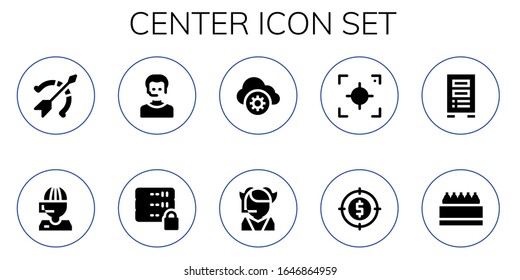conjunto de iconos centrales. 10 iconos centrales rellenos.  Iconos modernos sencillos, como: Arquero, centro de llamadas, operador, servidor, almacenamiento en nube, foco, destino, tienda
