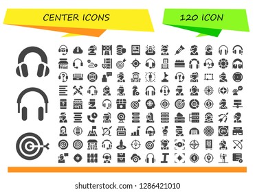  center icon set. 120 filled center icons. Simple modern icons about  - Headphones, Target, Zip cloud, Call center, Goal, Database, Shop, Server, Dart, Support, Store, Headset